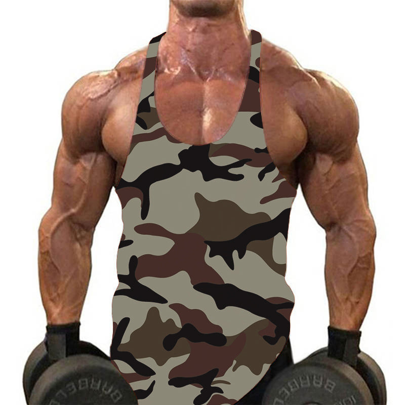 Get your workout on in style with our Men's Camouflage Printed Tank Top! Featuring a deep U-neck and camo design, this gymwear is perfect for any fitness enthusiast.