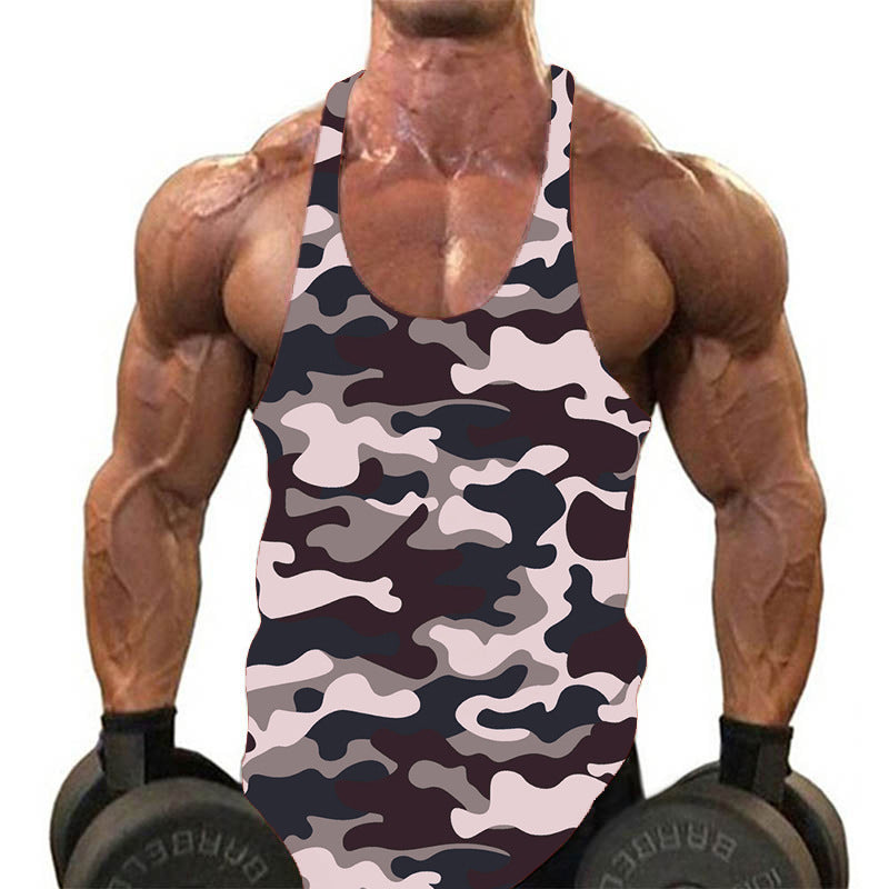Get your workout on in style with our Men's Camouflage Printed Tank Top! Featuring a deep U-neck and camo design, this gymwear is perfect for any fitness enthusiast.