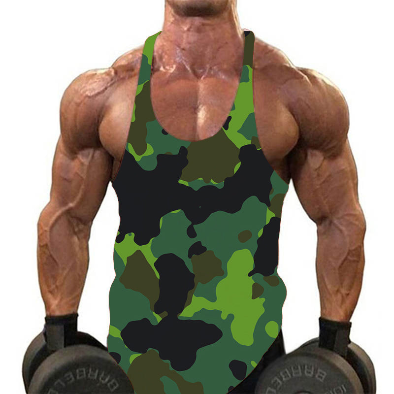 Camouflage Printed Tank Top Gymwear Camo Singlet Deep U Neck Vest Camie