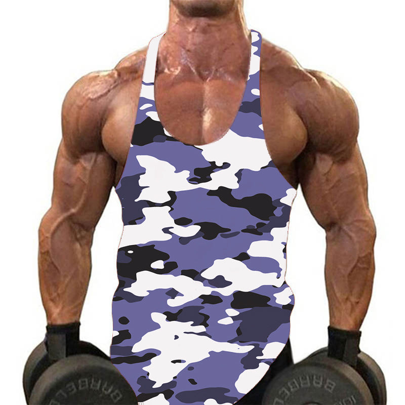 Camouflage Printed Tank Top Gymwear Camo Singlet Deep U Neck Vest Camie