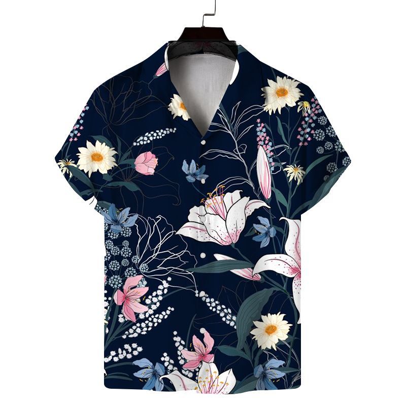 Casual Shirt Button Closure Dress Up Summer Men Lapel Beach Shirt Top Polyester