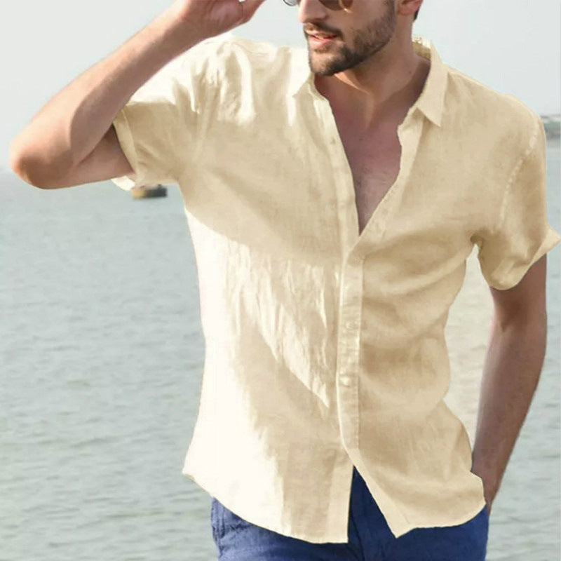 Mens Casual Thin Linen Lapel Shirt Summer Short Sleeve Blouse Tops Beach Holiday