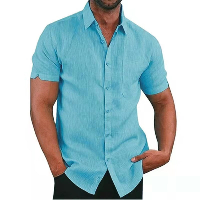 Mens Buttons Cotton Linen Shirts Tops Summer Short Sleeve Casual Loose T-shirt