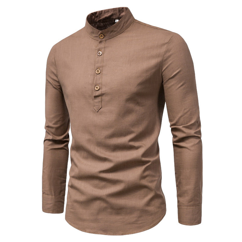 Slim-fit Solid Color Long-sleeved Shirt Stand Collar Blended Fabric Half-buttoned