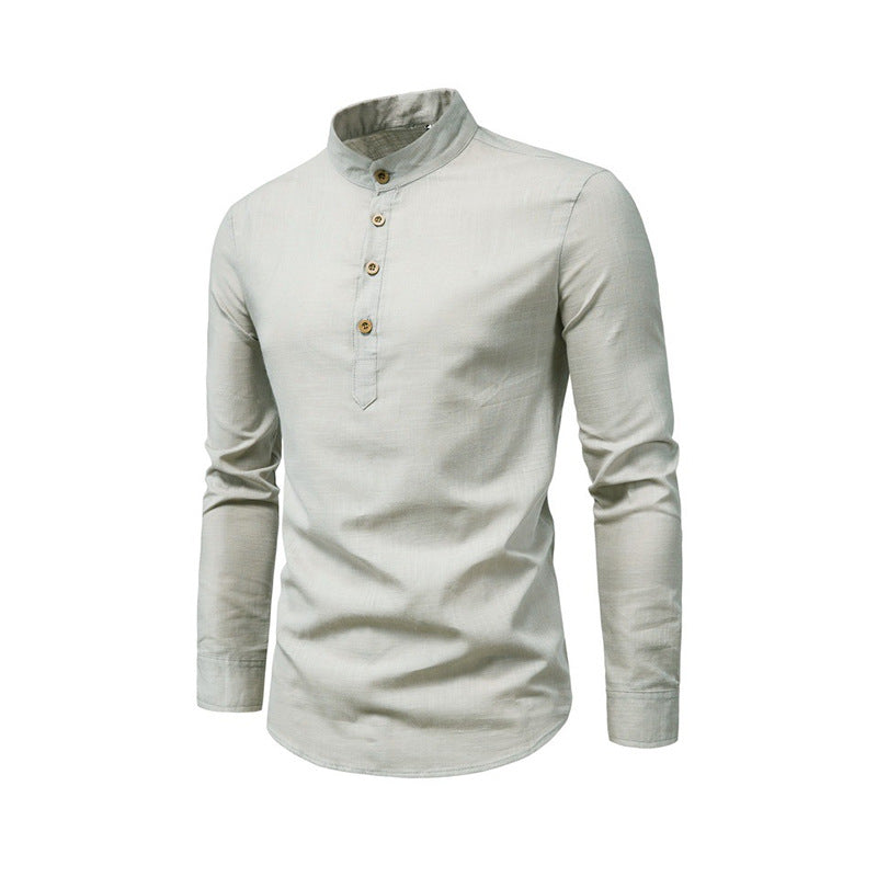 Slim-fit Solid Color Long-sleeved Shirt Stand Collar Blended Fabric Half-buttoned